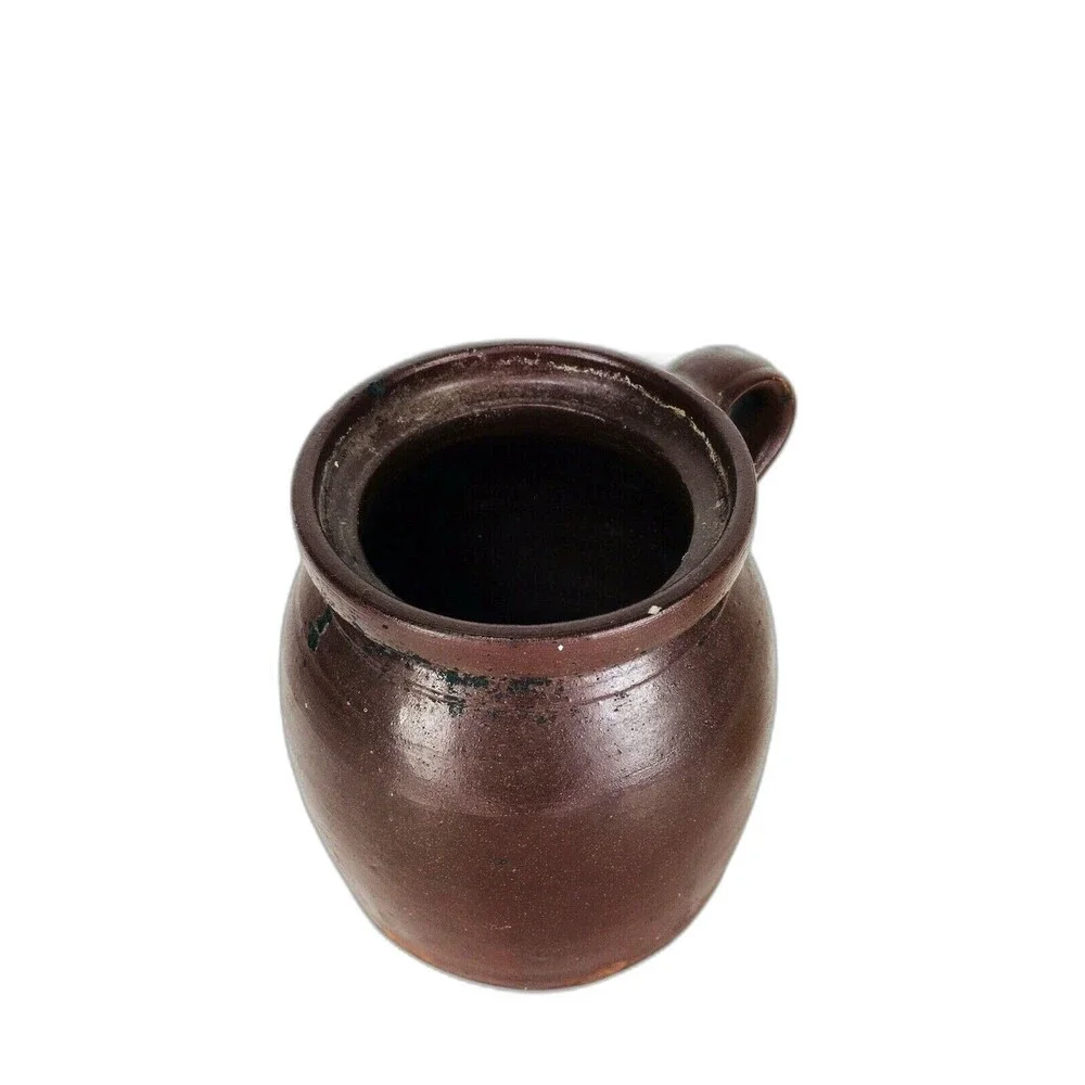 Antique Late 1800s Farmhouse Slip Glazed Stoneware Crock With Handle & Wood Lid
